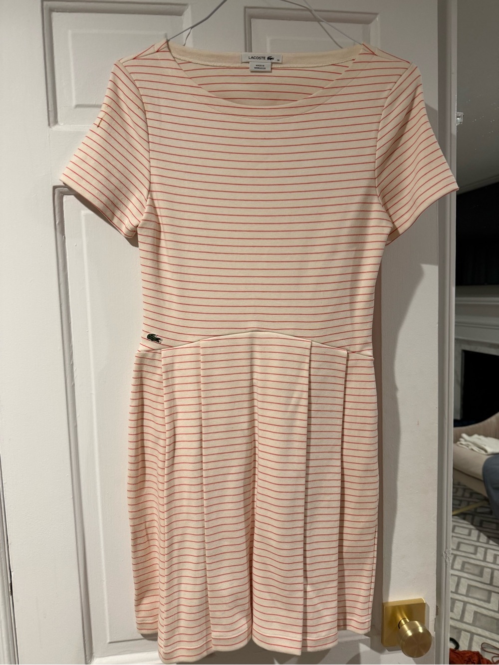 Lacoste red and white Striped Short Sleeve pleated dress with cutout size 38